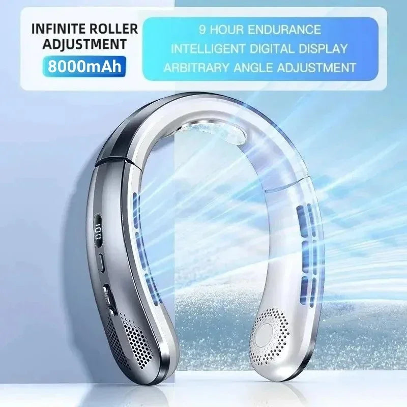Bladeless Neck Fan — 8000mAh USB Rechargeable Portable Hanging Neck Fan with LED Display, Quiet Personal Air Cooler for Home Office and Outdoor