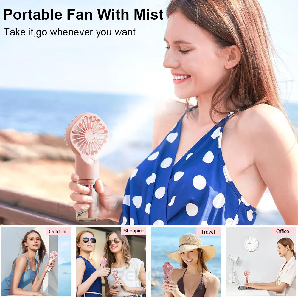 Handheld Mist Fan with Water Spray — Portable USB Rechargeable Mini Fan and Humidifier, Personal Cooling Fan for Outdoor Travel and Summer Events