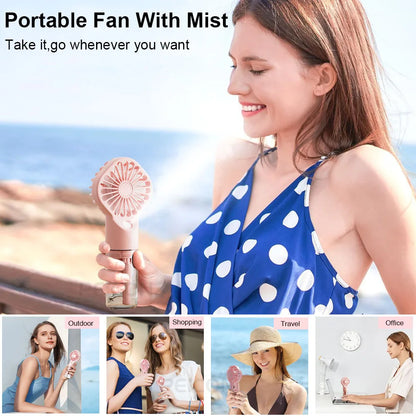 Handheld Mist Fan with Water Spray — Portable USB Rechargeable Mini Fan and Humidifier, Personal Cooling Fan for Outdoor Travel and Summer Events