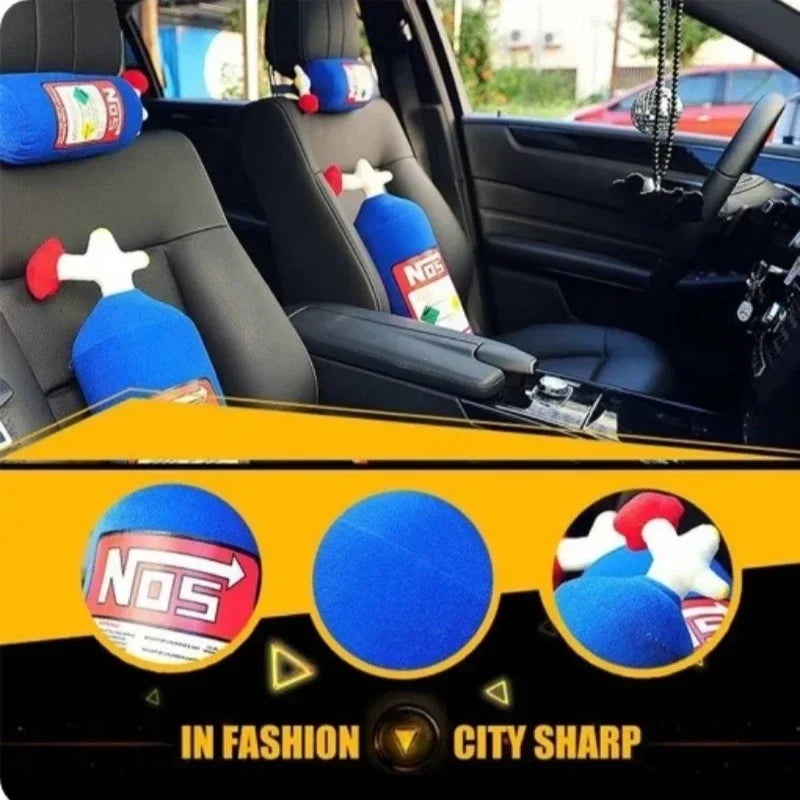 NOS Bottle Car Neck Pillow Headrest — Plush Racing Style Car Seat Cushion Support for Driver and Passenger, Car Interior Accessory Gift