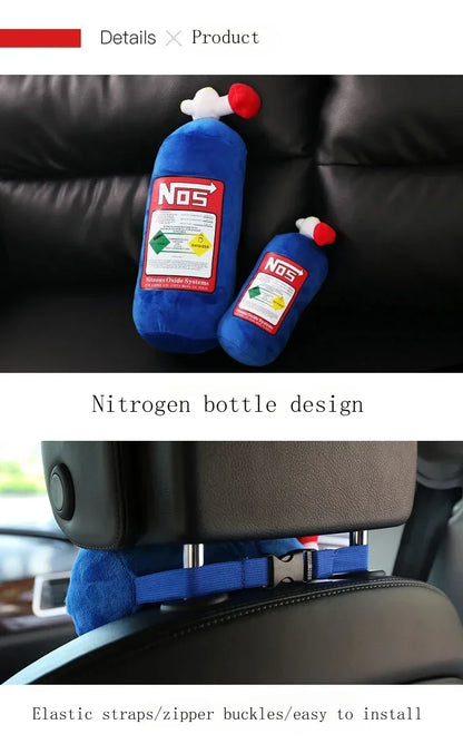 NOS Bottle Car Neck Pillow Headrest — Plush Racing Style Car Seat Cushion Support for Driver and Passenger, Car Interior Accessory Gift